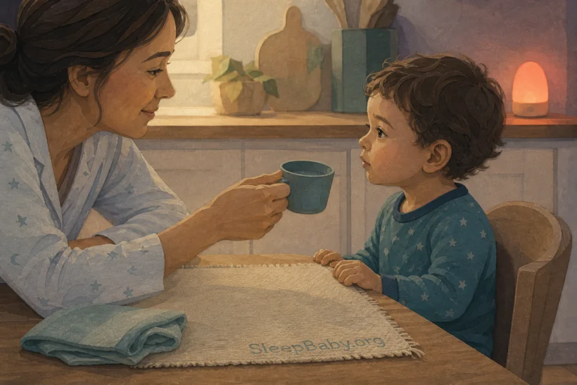 A caregiver offers an upright toddler one small sip from a plain cup while watching calmly at the kitchen table.