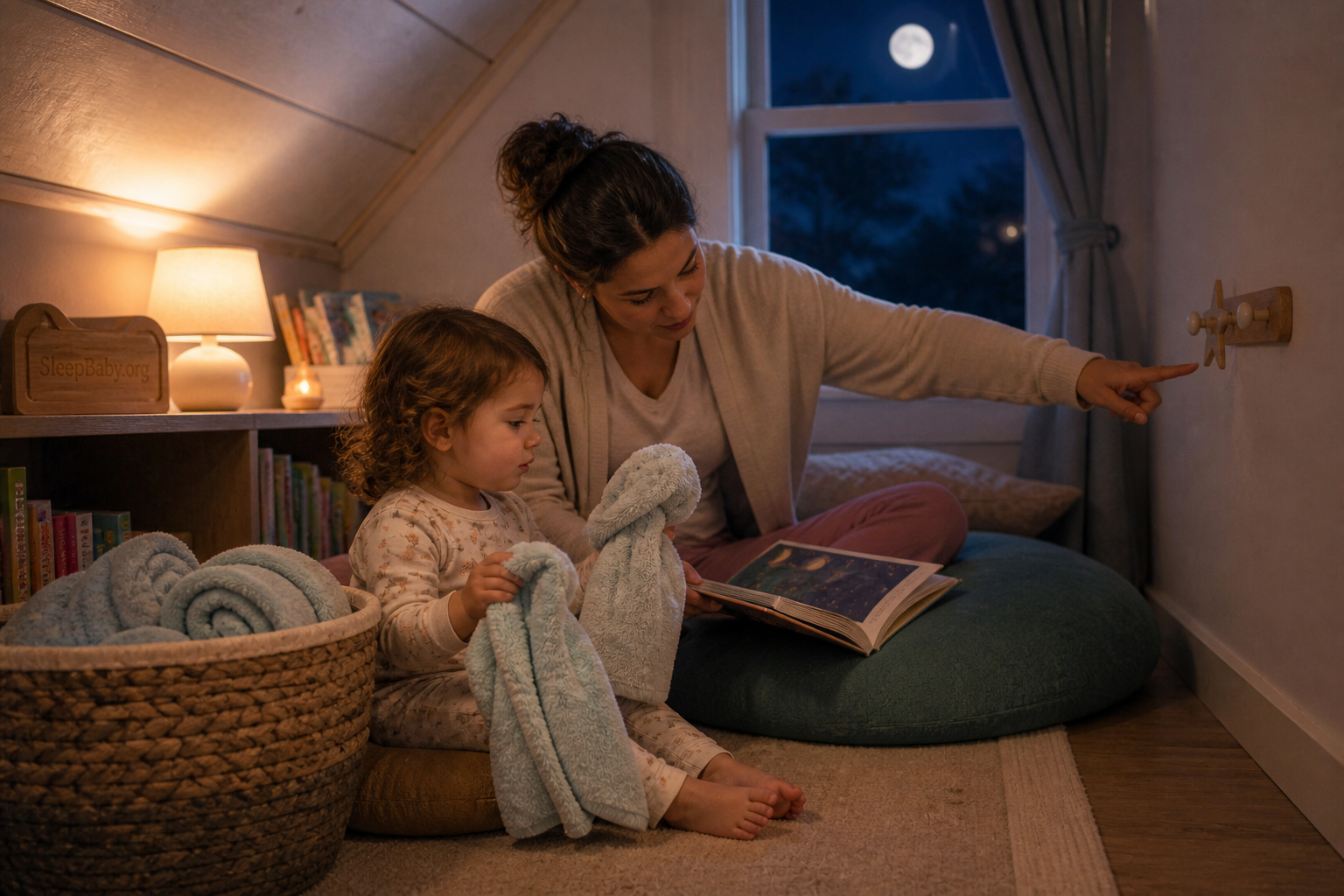 Toddler and caregiver rotate a worn and washed blanket copy during a calm bedtime routine.