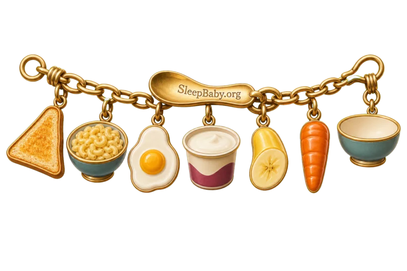 A warm brass charm strand shows toast, rice, egg, yogurt, banana, cooked carrot, and a small serving bowl.