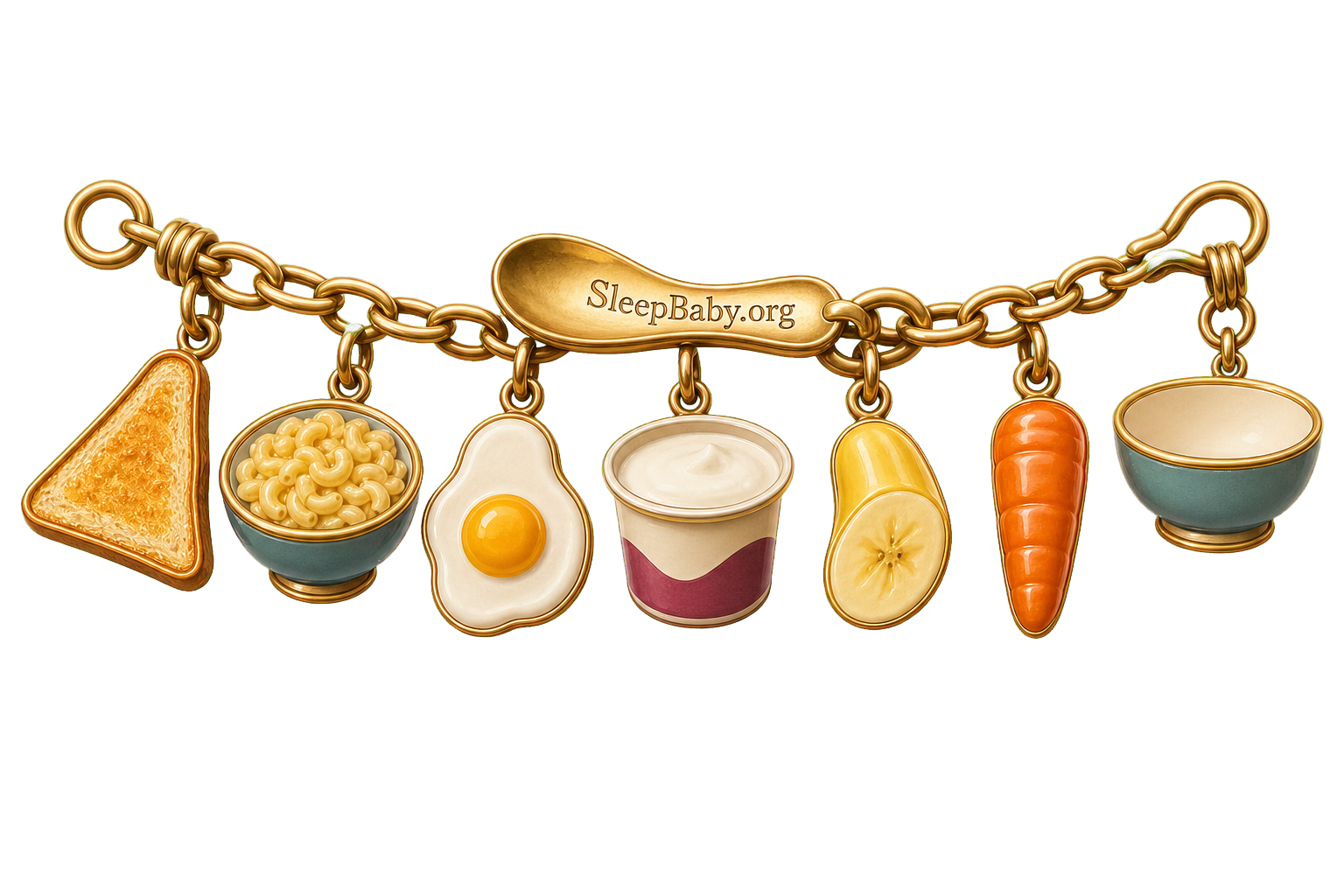 A warm brass charm strand shows toast, rice, egg, yogurt, banana, cooked carrot, and a small serving bowl.