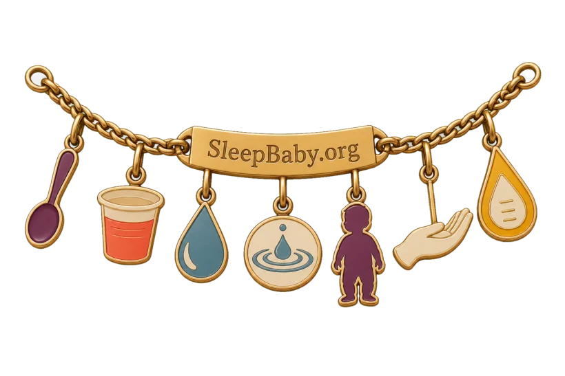 A brass charm strand shows a tiny spoon, plain cup, droplet, sip ripple, upright toddler, caregiver hand, and urine marker.