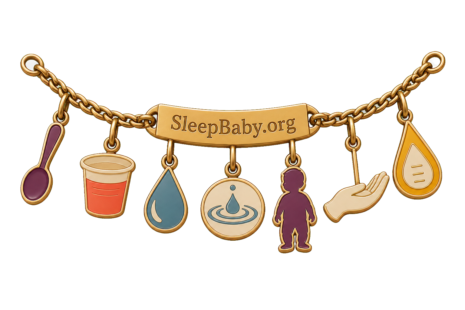 A brass charm strand shows a tiny spoon, plain cup, droplet, sip ripple, upright toddler, caregiver hand, and urine marker.