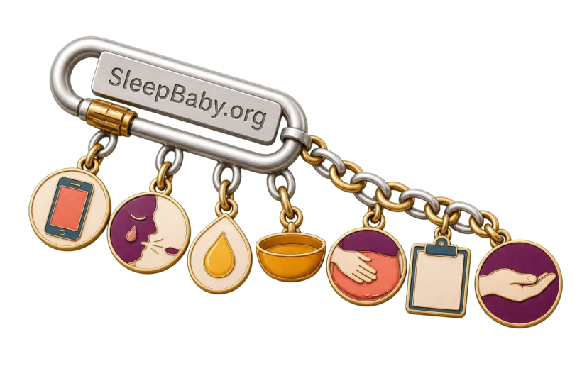 A silver-and-brass charm strand shows a phone, tear and dry-mouth cue, urine marker, warning bowl, belly-pain hand, clipboard, and helping hand.