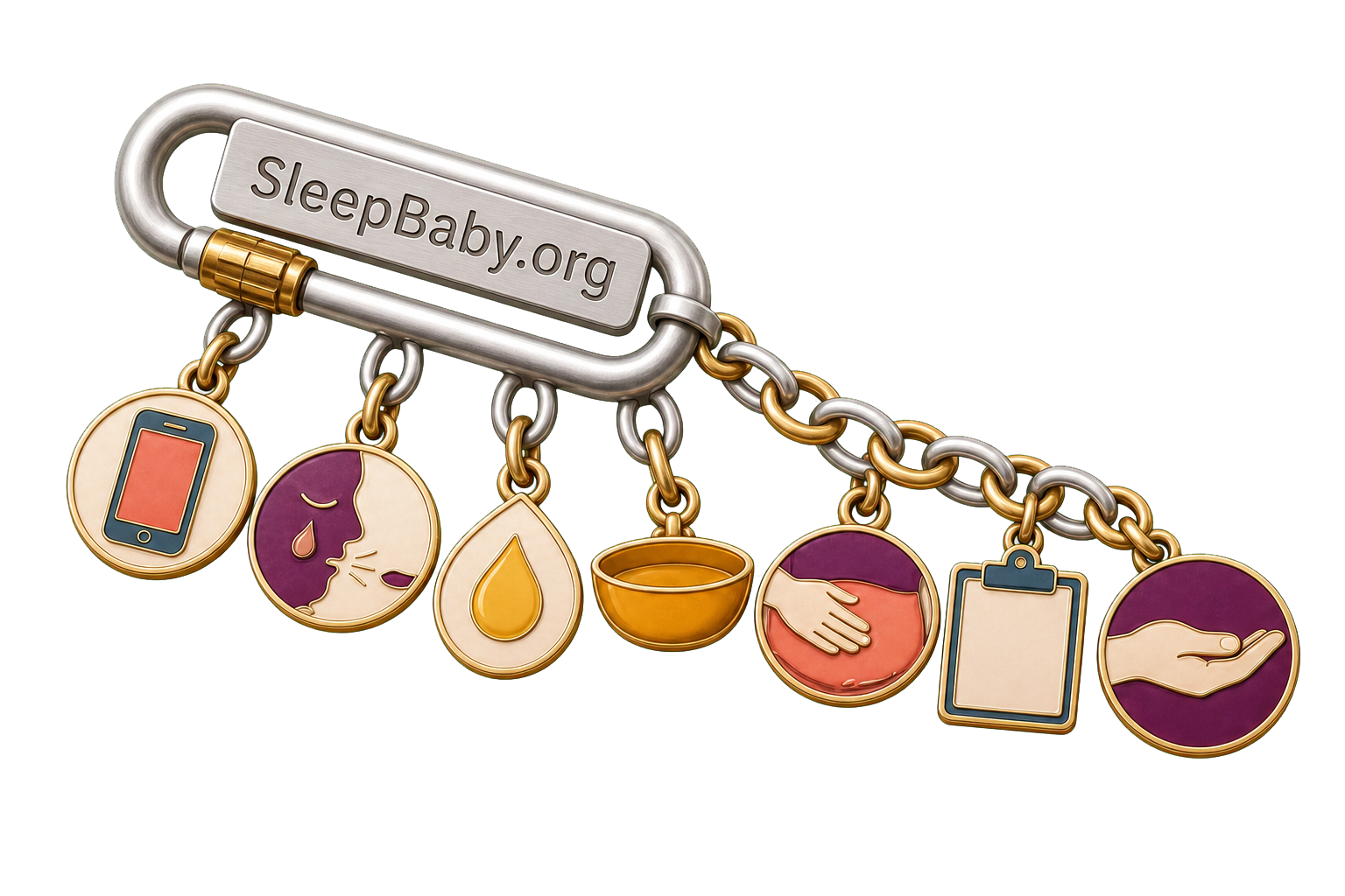 A silver-and-brass charm strand shows a phone, tear and dry-mouth cue, urine marker, warning bowl, belly-pain hand, clipboard, and helping hand.