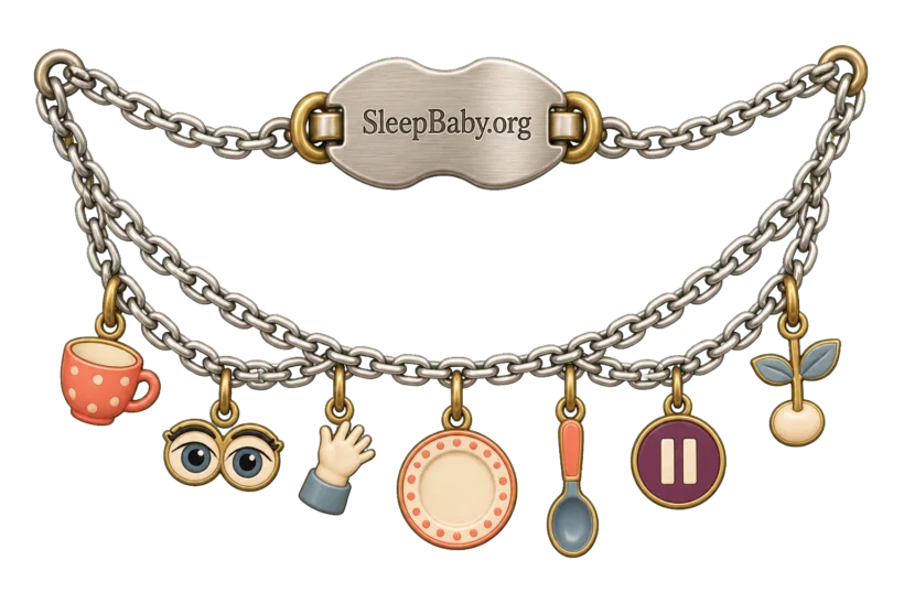 A silver-and-brass charm strand shows a settled cup, alert eyes, reaching hand, modest plate, resting spoon, pause mark, and appetite sprout.
