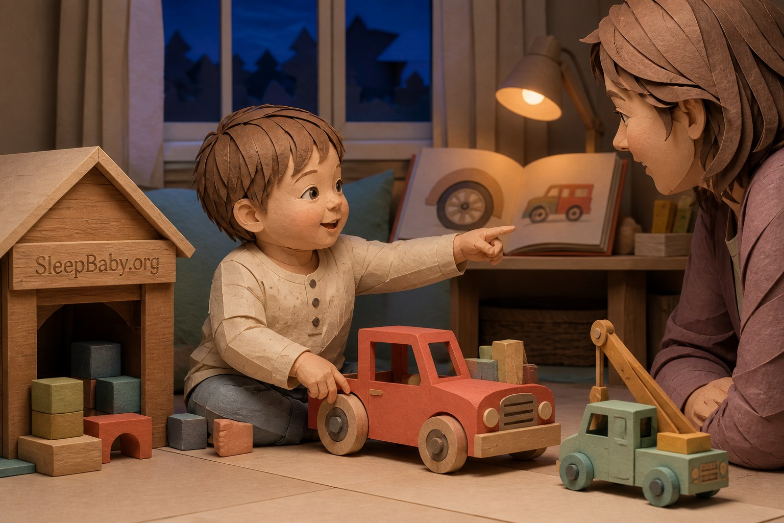 Toddler turning a toy-car wheel while pointing toward a caregiver beside cargo blocks, a wooden garage, and a bedtime book.
