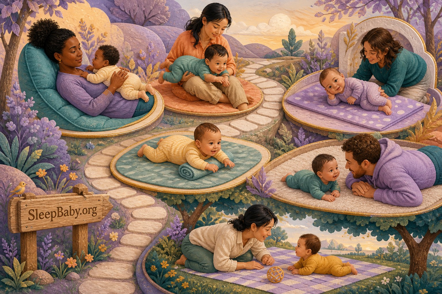 Illustrated garden path shows chest, lap, side-lying, rolled-towel, face-to-face, and outdoor mat tummy-time variations with attentive caregivers.