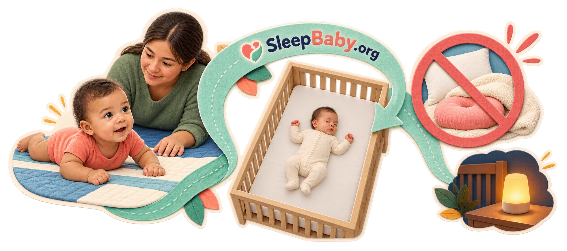 A fabric route leads from supervised tummy time to back sleep in an empty crib and marks soft bedding as unsuitable