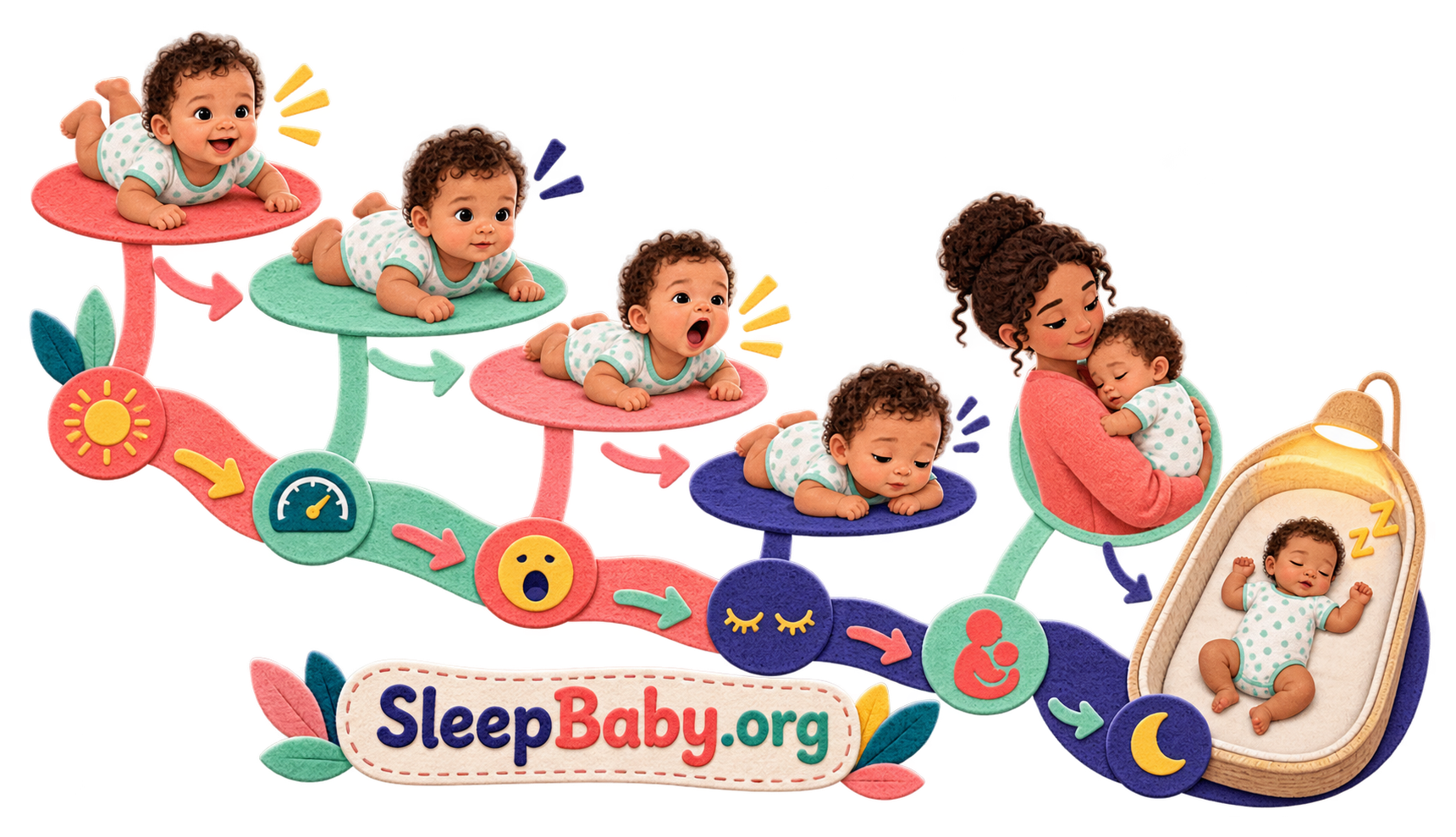 A felt progression shows head lifting, slowing, yawning, drooping eyes, caregiver pickup, and back sleep in a bassinet