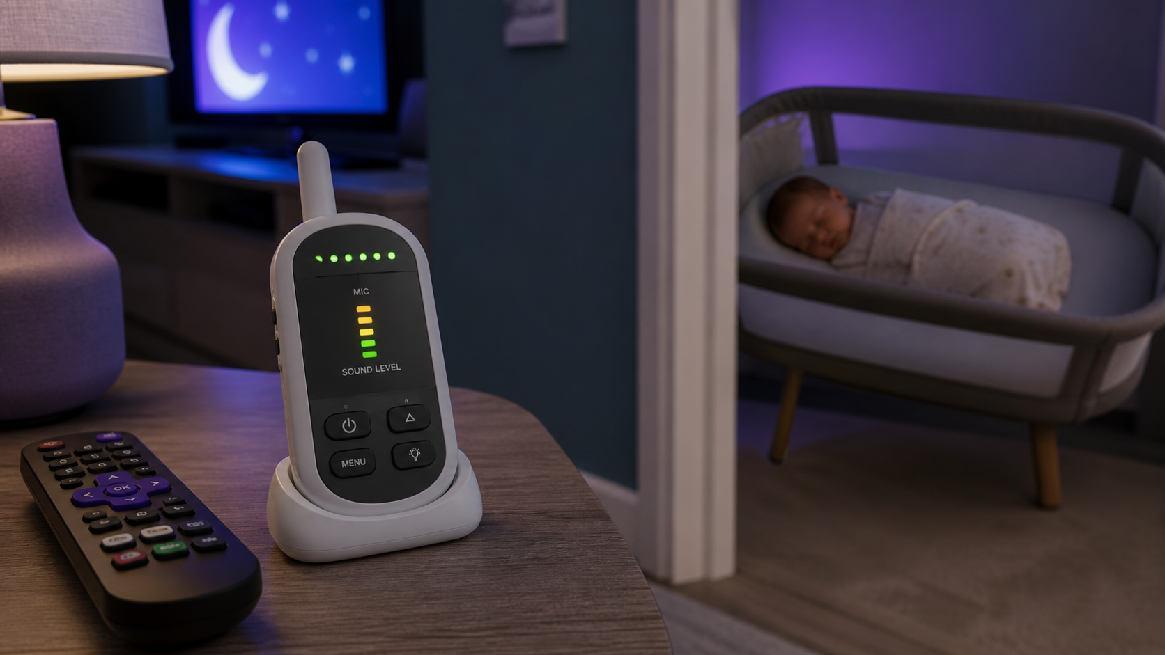 A tired parent placing a sleeping baby into a clear bassinet before sitting down to watch television