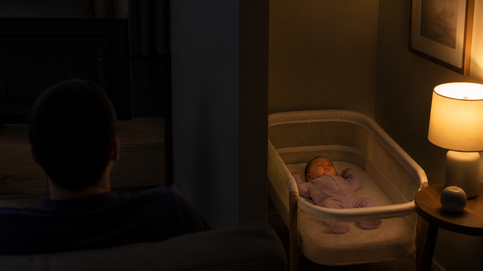 A television angled away from a bassinet while a parent watches with subtitles