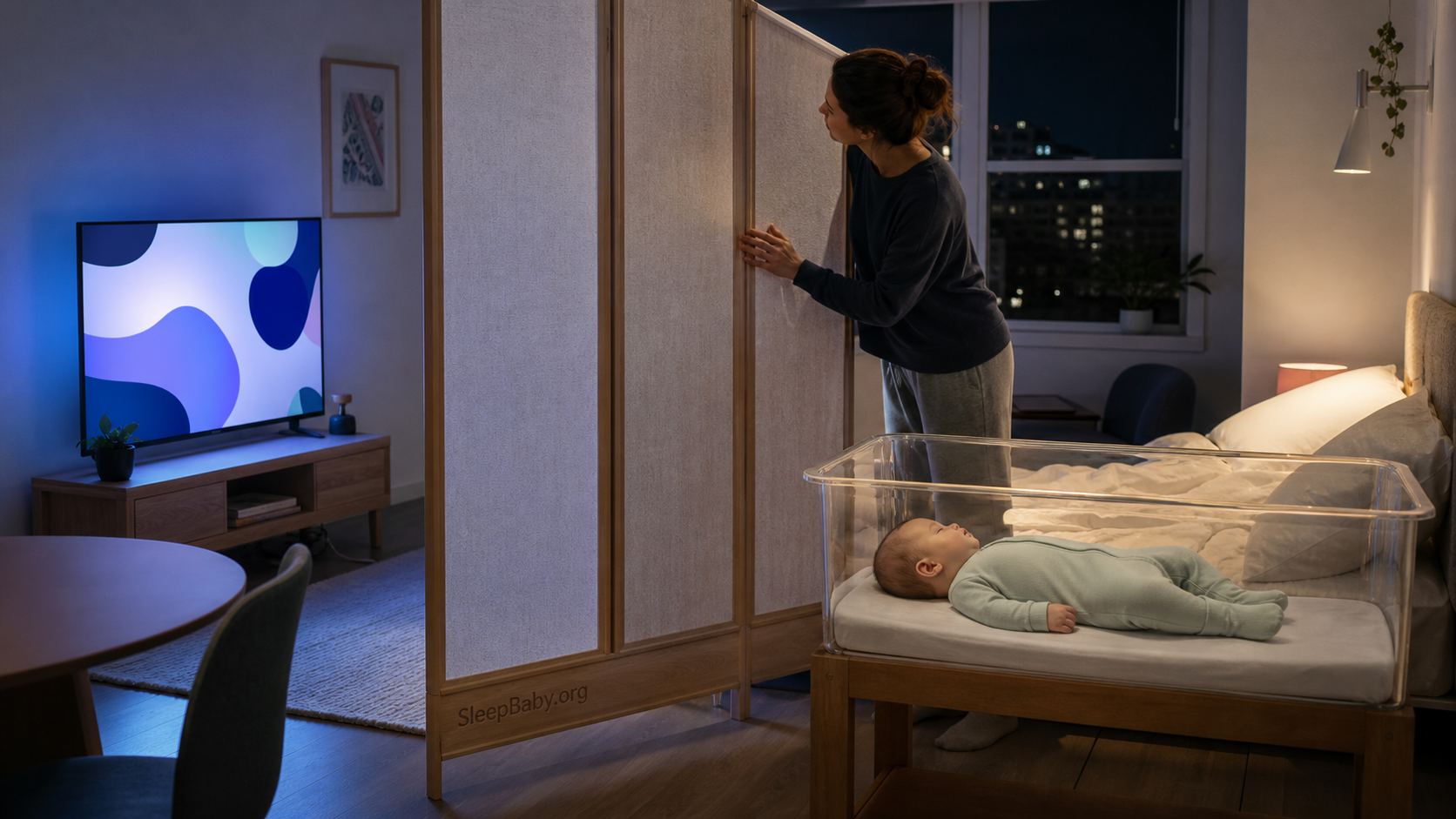 Television light redirected away from a clear bassinet as a parent prepares the room for sleep