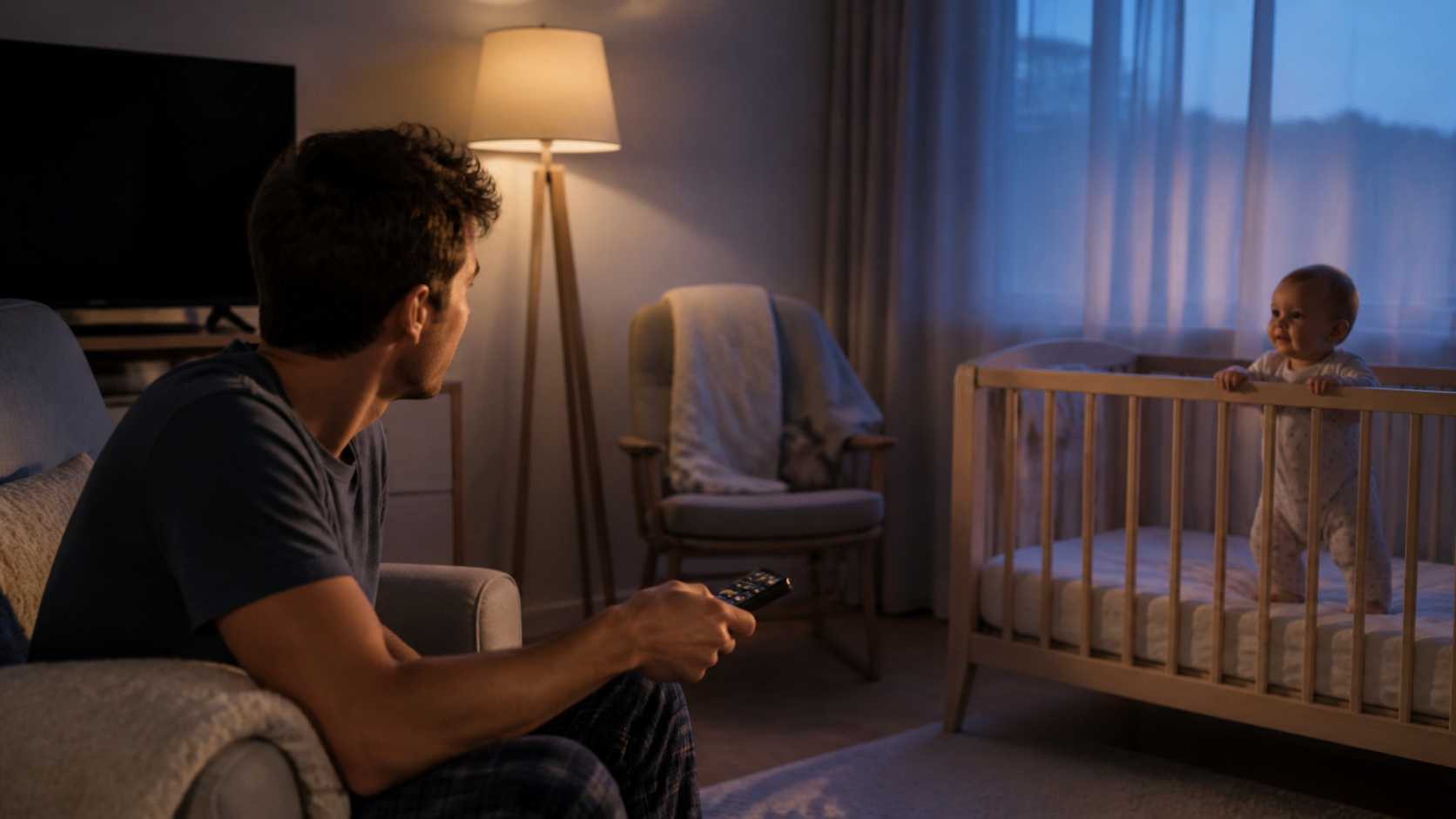 A parent pausing the television as a baby wakes and is brought into the room