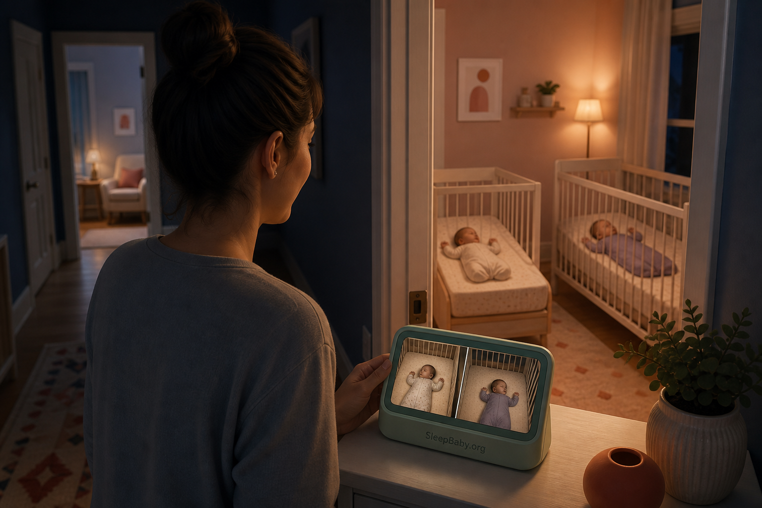 Parent lowers a split-screen monitor after seeing both twins settled in separate cribs