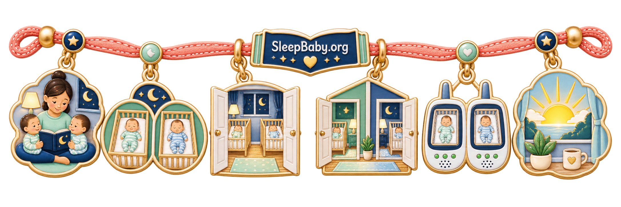 Flexible twin room-plan ribbon with bedtime book, separate cribs, shared and split doorways, monitors, and sunrise