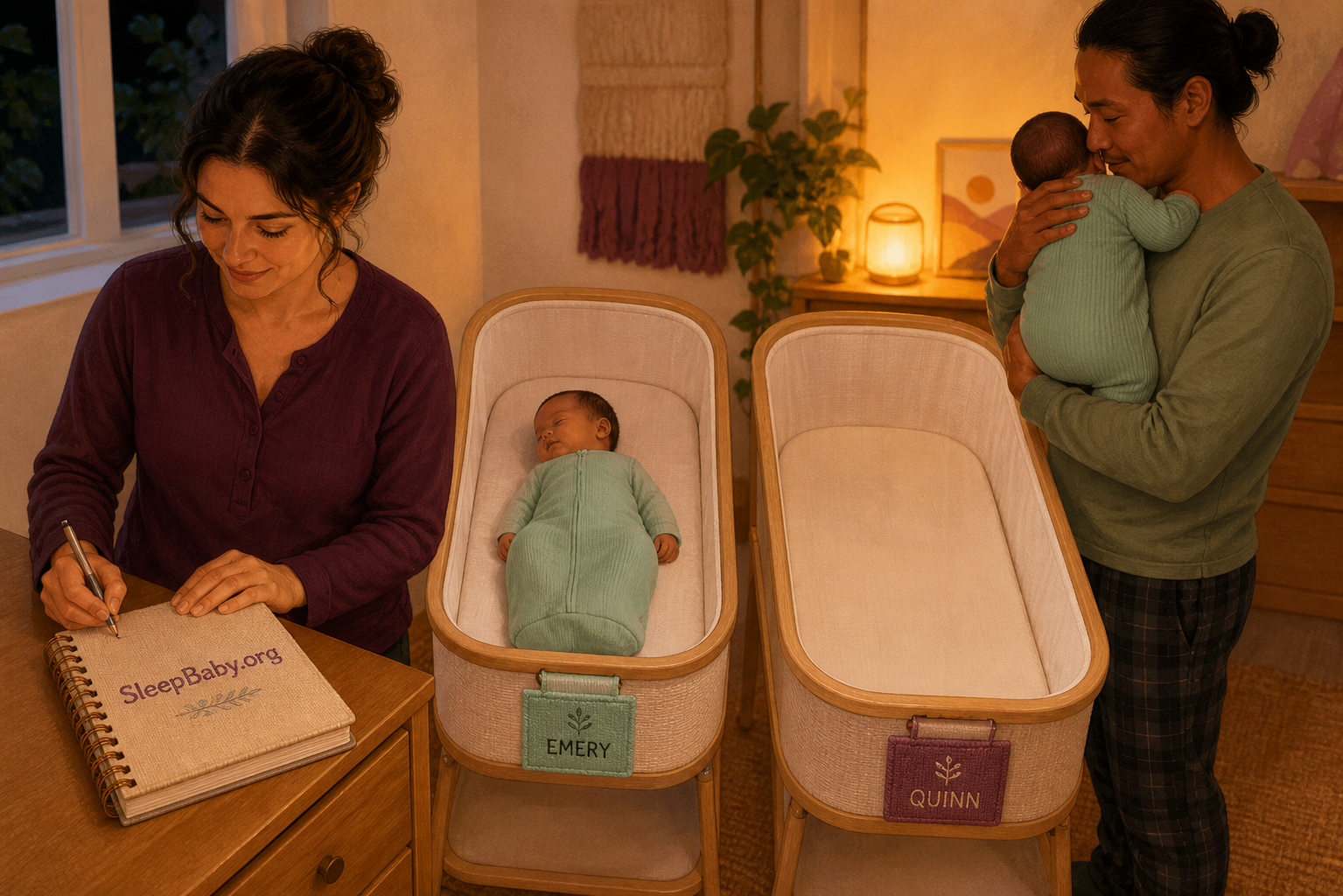 Caregivers track an individual nighttime handoff beside two separate twin bassinets