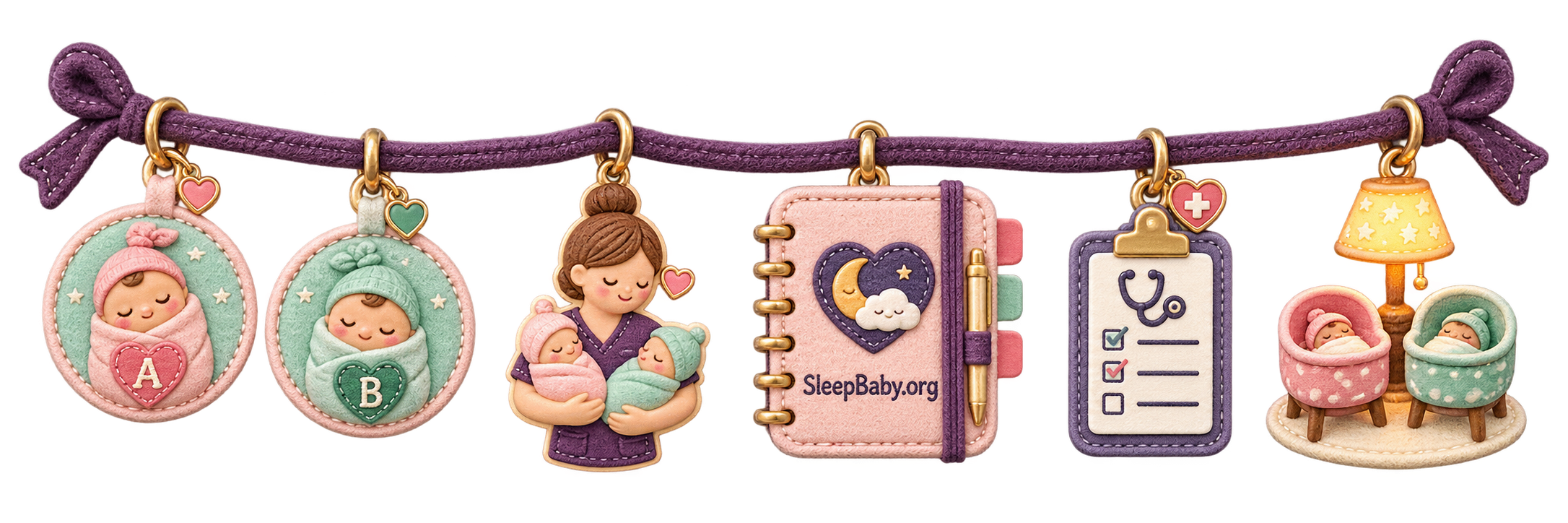 Twin care ribbon with two identity markers, handoff, notebook, clinician note, and dim lamp