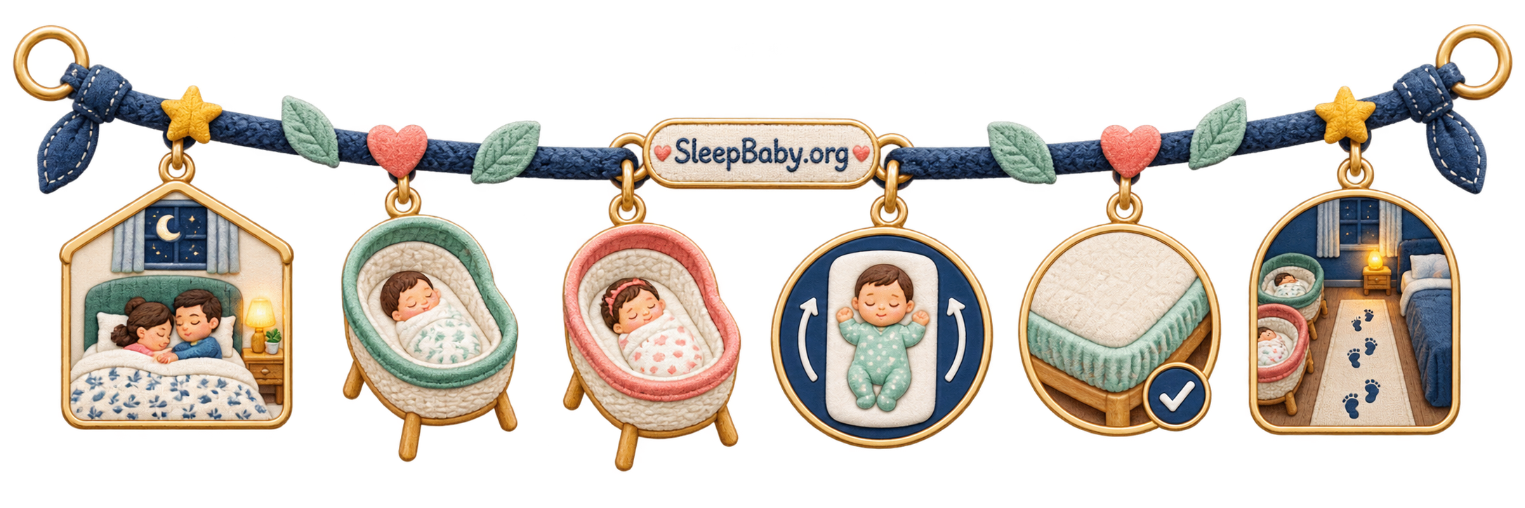 Twin room-safety ribbon with two bassinets, back-sleep cue, fitted sheet, and clear aisle
