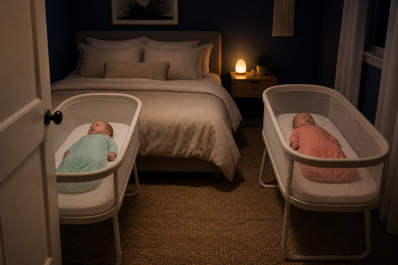 Two sleeping twins in separate bare bassinets beside the caregiver bed at night