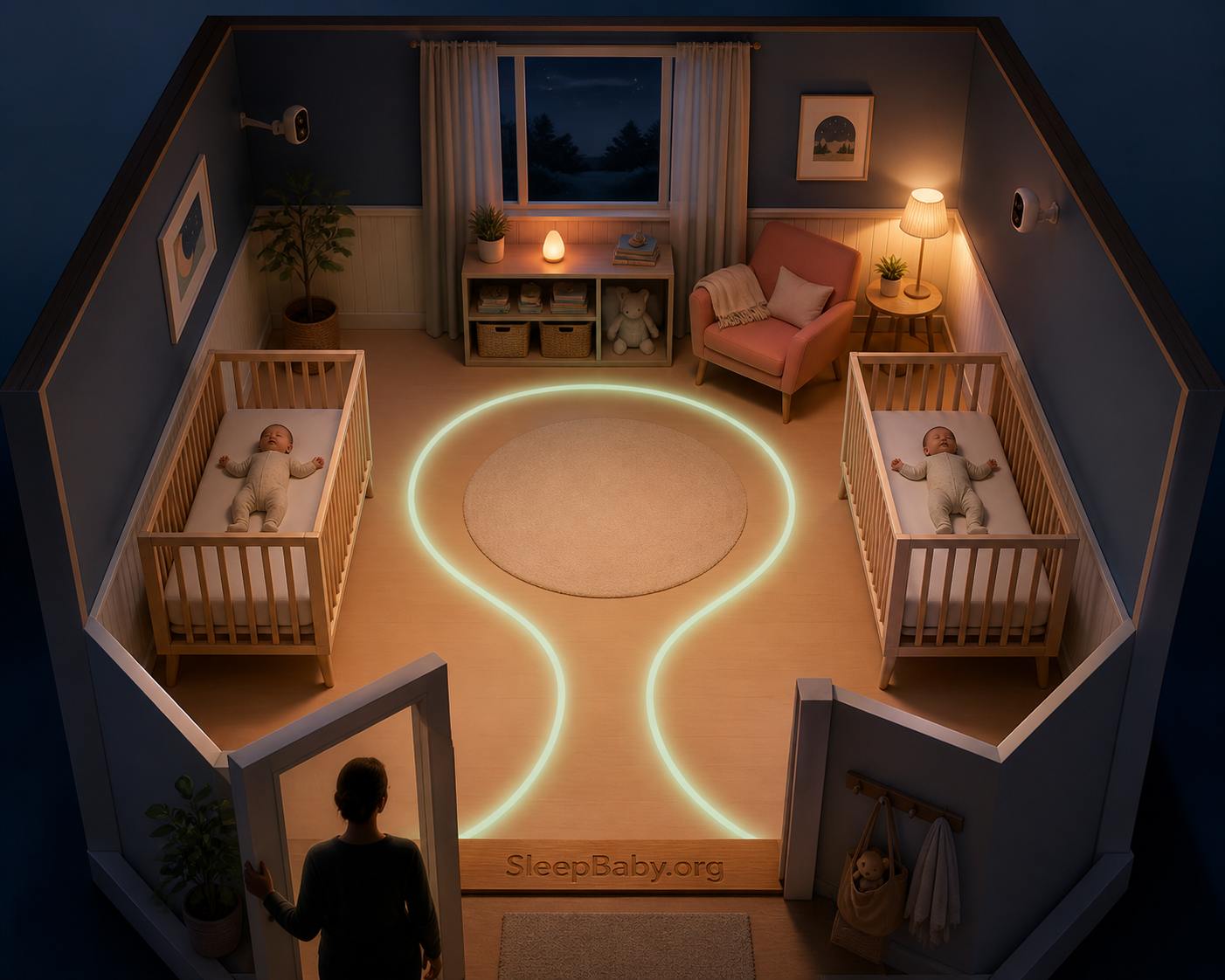 Overhead twin nursery with two separate bare cribs and a clear caregiver walking route