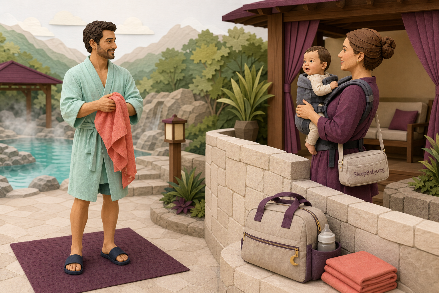 Sculpted-paper illustration shows one adult drying off on a stable mat while a second adult remains behind a barrier with an awake baby in a carrier.