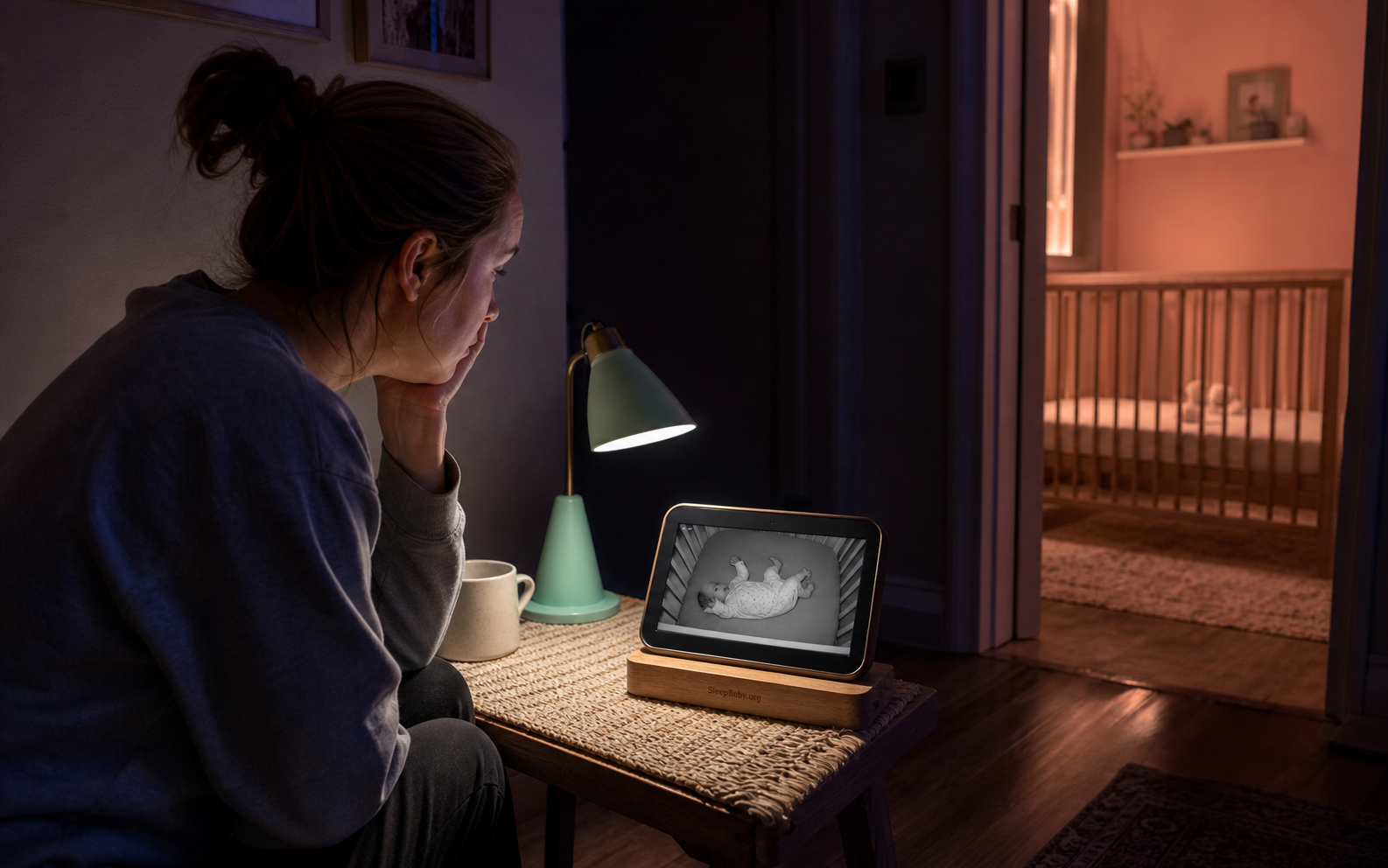 Caregiver safely watching a monitor while an awake five-month-old lies on the back in an empty crib