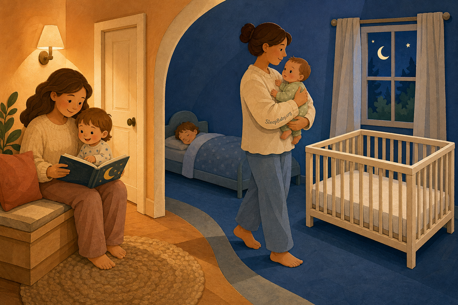A split evening scene shows toddler story time outside and the baby's later transfer into a bare crib