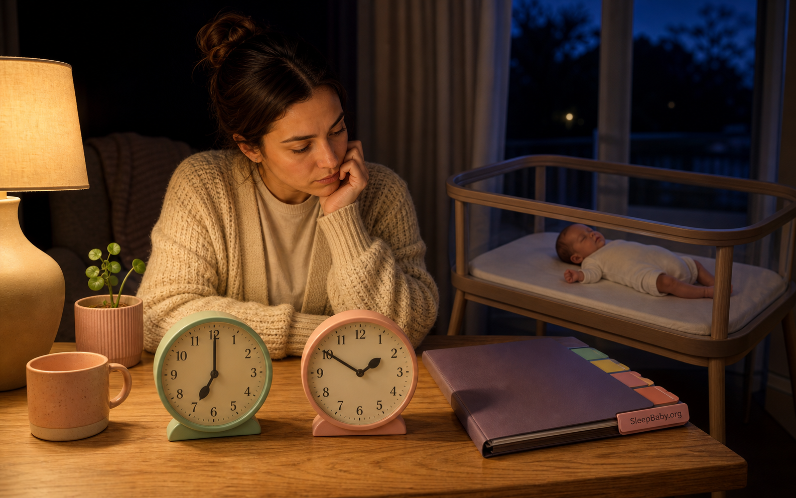 Two clocks and a neonatal discharge plan beside a safely sleeping premature baby