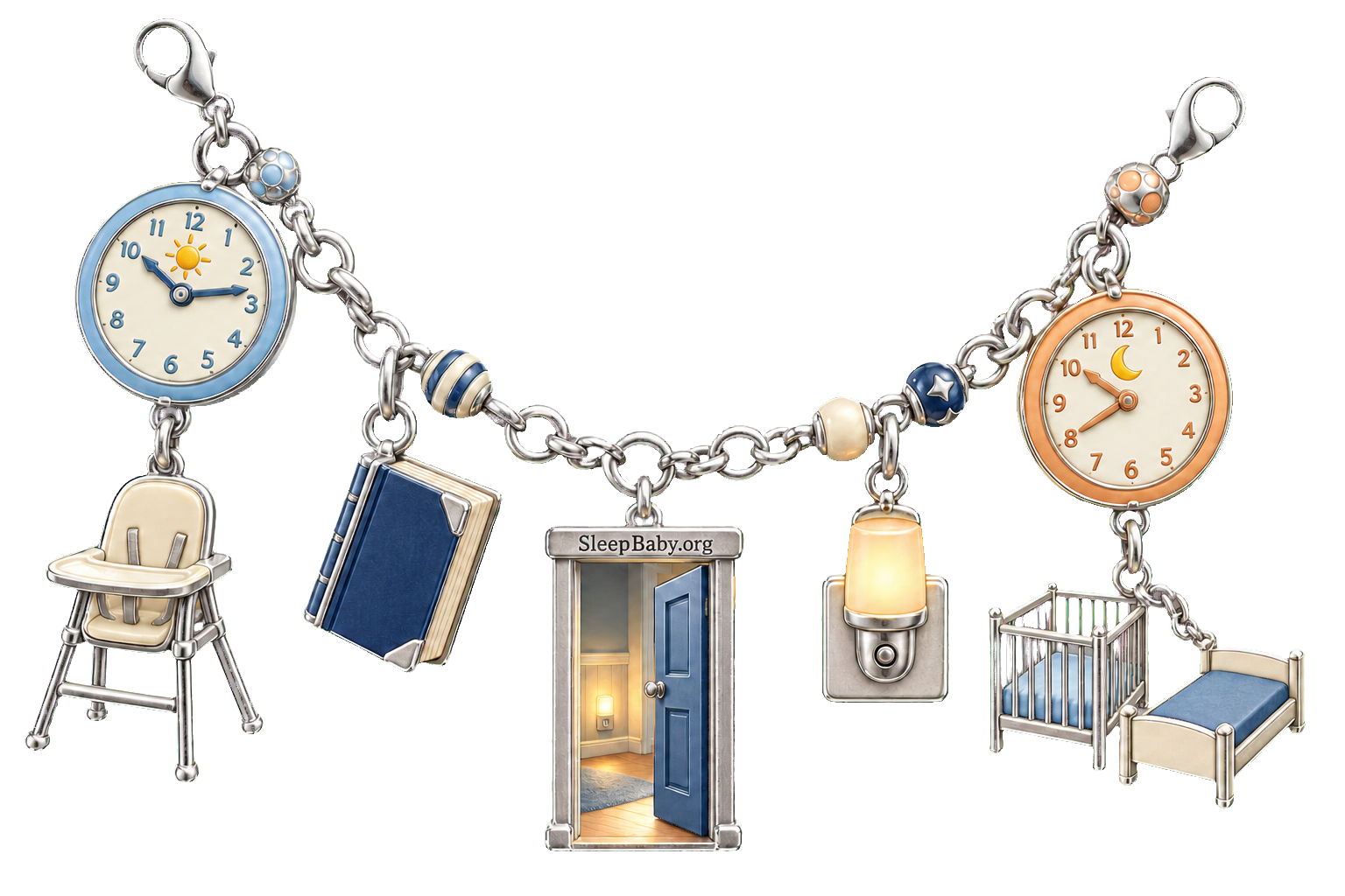 Day and night clock charms hang above separate baby and toddler routine objects in one shared bedroom