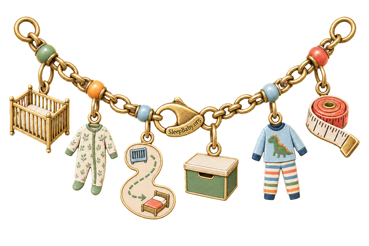 A gold charm strand maps the separate crib and toddler zones with a clear path between them
