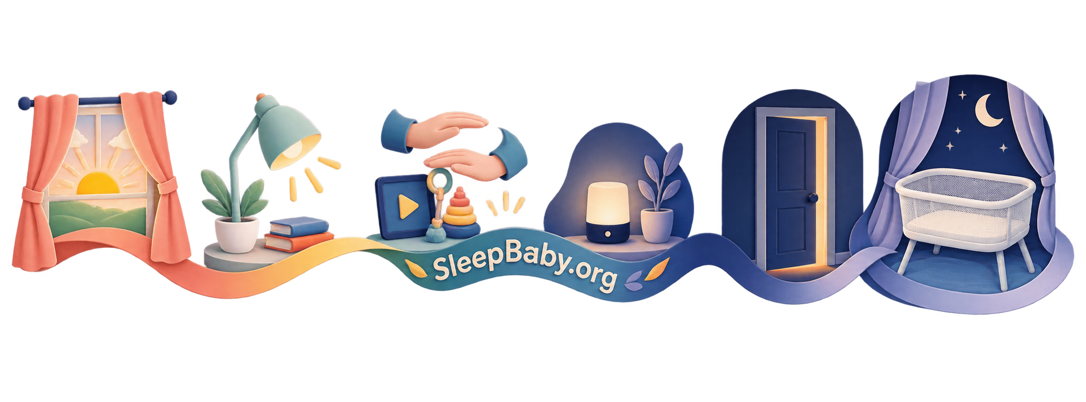 Editorial ribbon carrying sunrise, quieter hands, dim light, a closing door, and an empty night bassinet
