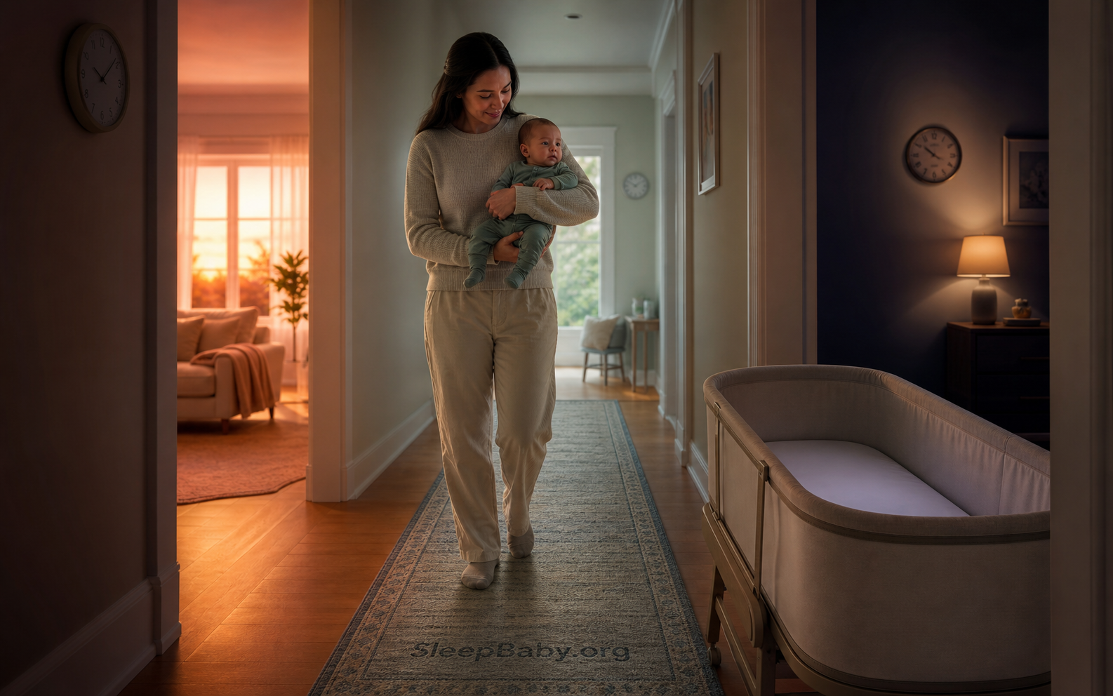 Caregiver carries an awake baby along a dawn-to-night hallway toward an empty bassinet while wall clocks recede