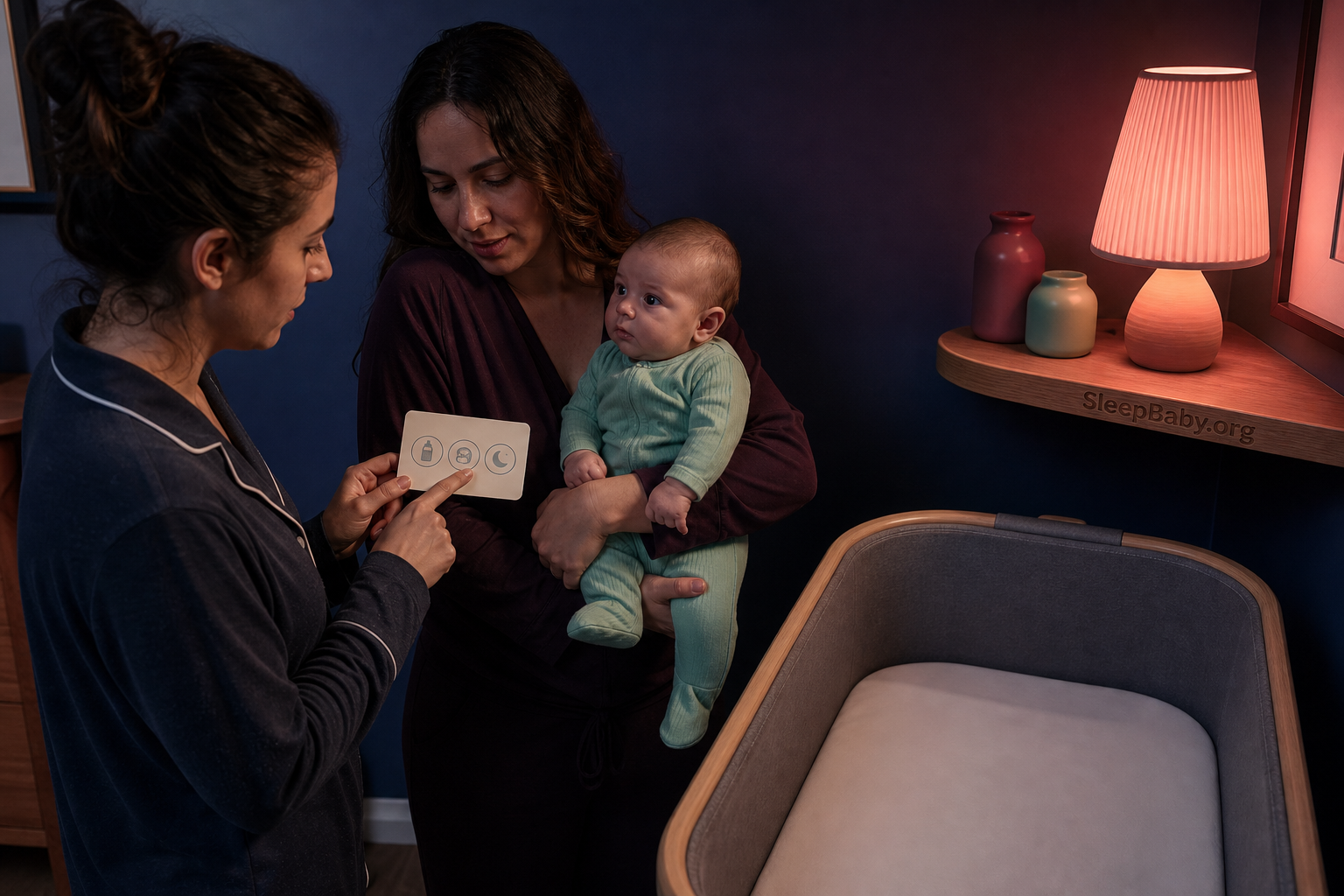 Two caregivers share a three-symbol handoff card while an awake baby is held beside an empty bassinet