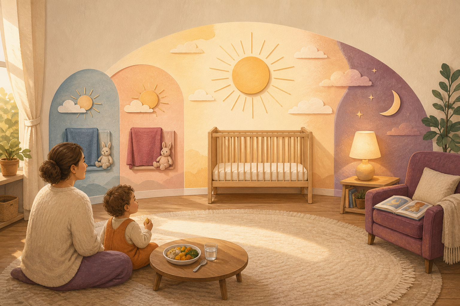 An awake toddler and caregiver watch two small daytime nap alcoves converge on one central midday crib, with lunch and an evening lamp nearby.