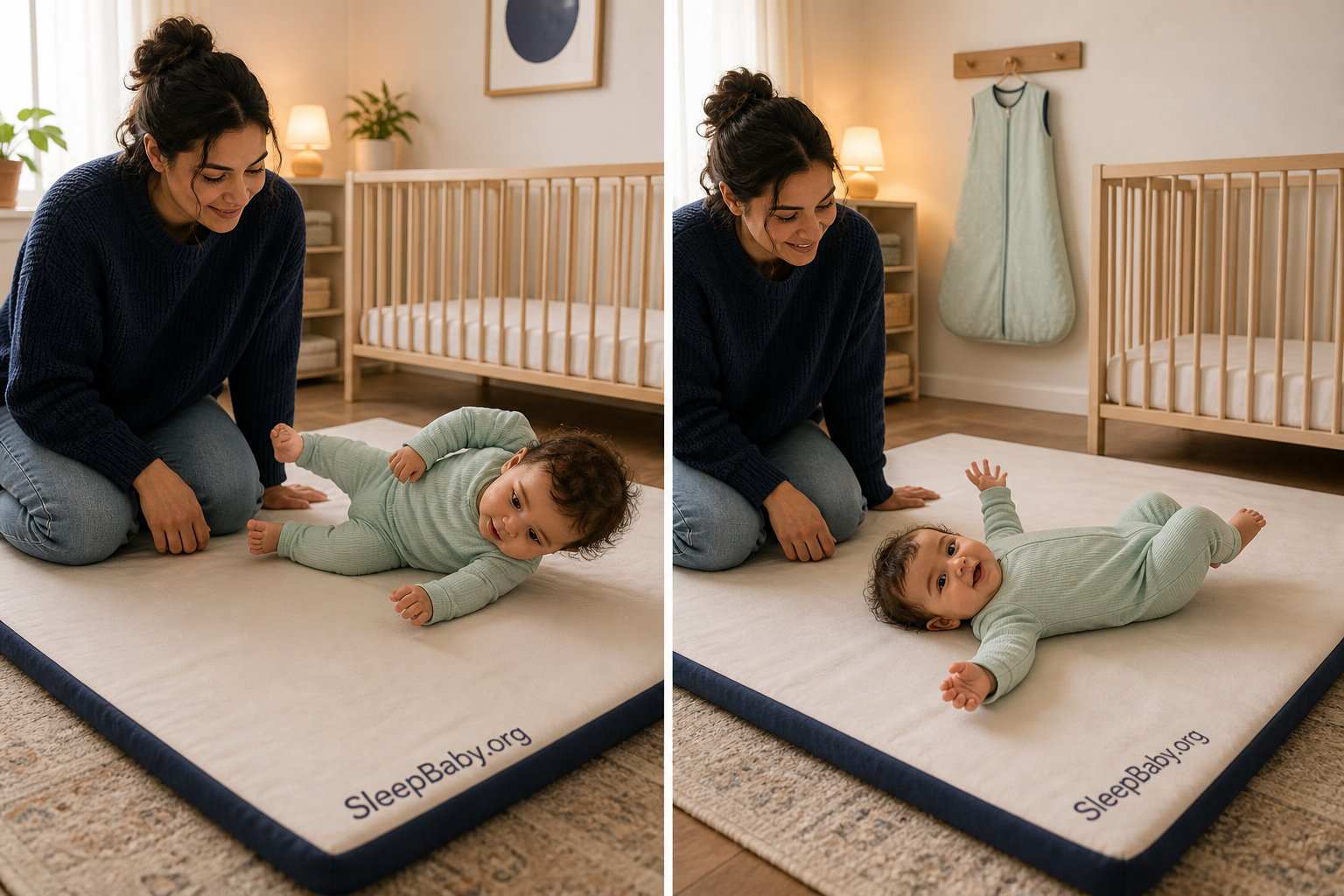 Parent supervises an awake baby practicing rolling in both directions on a firm floor mat beside a bare crib