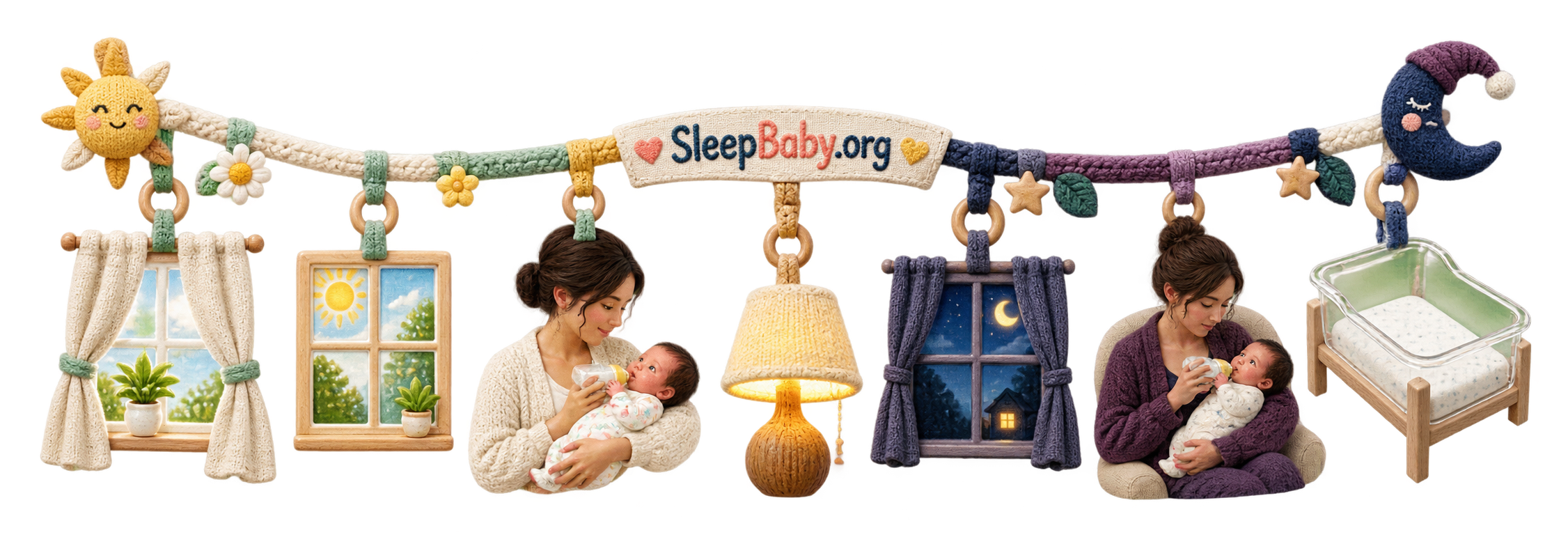 Textile rail shifts from open curtains and daylight feeding to a low lamp, quiet night feed and clear bassinet
