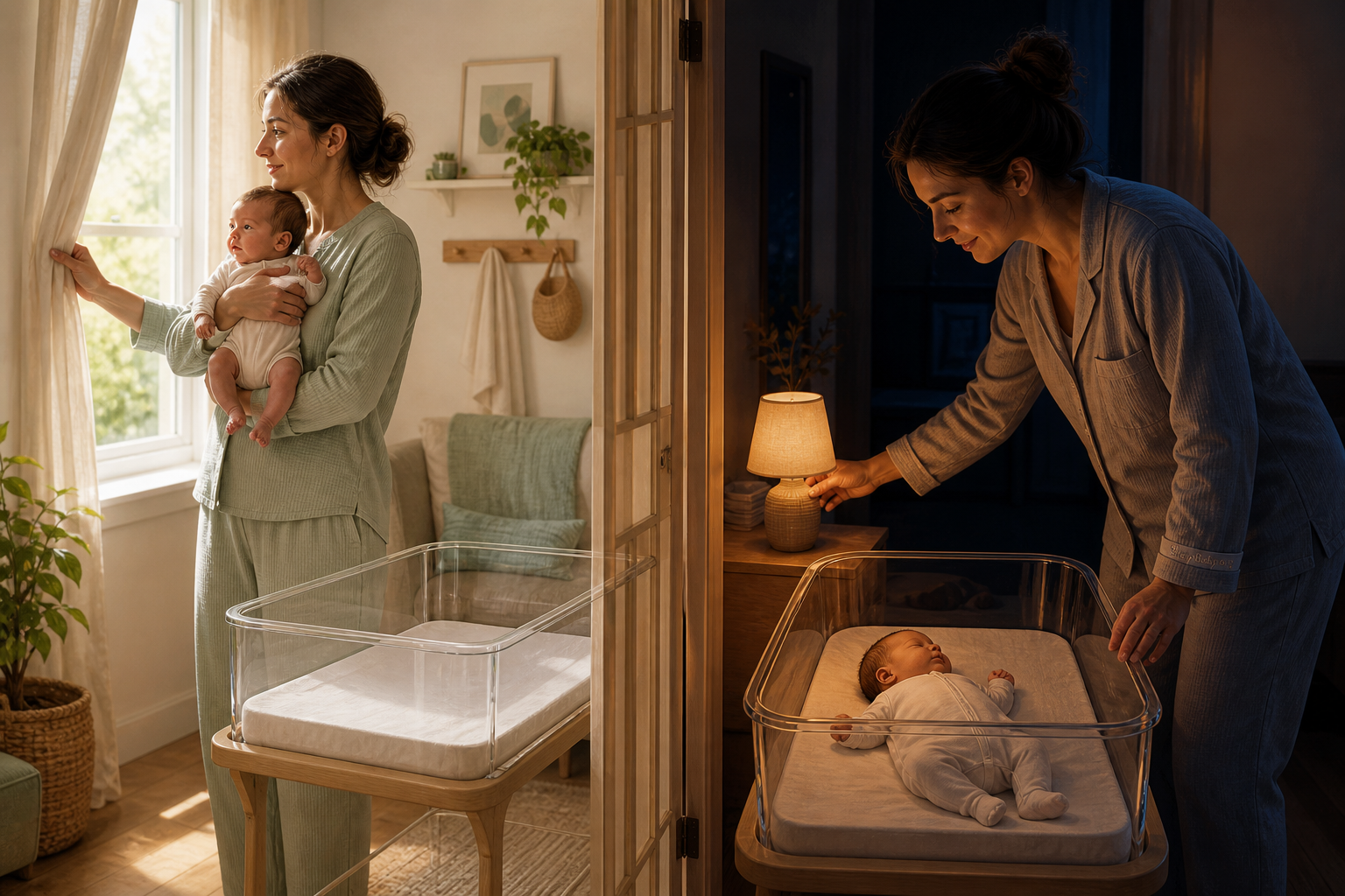 Daylight caregiving and low-light nighttime bassinet sleep shown across one continuous newborn room