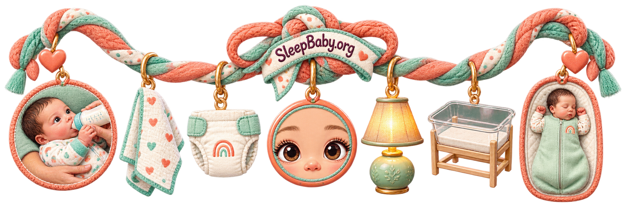 Coral and mint rail moving from an alert bottle feed through diaper care and a dim lamp to an empty bassinet and safe sleep