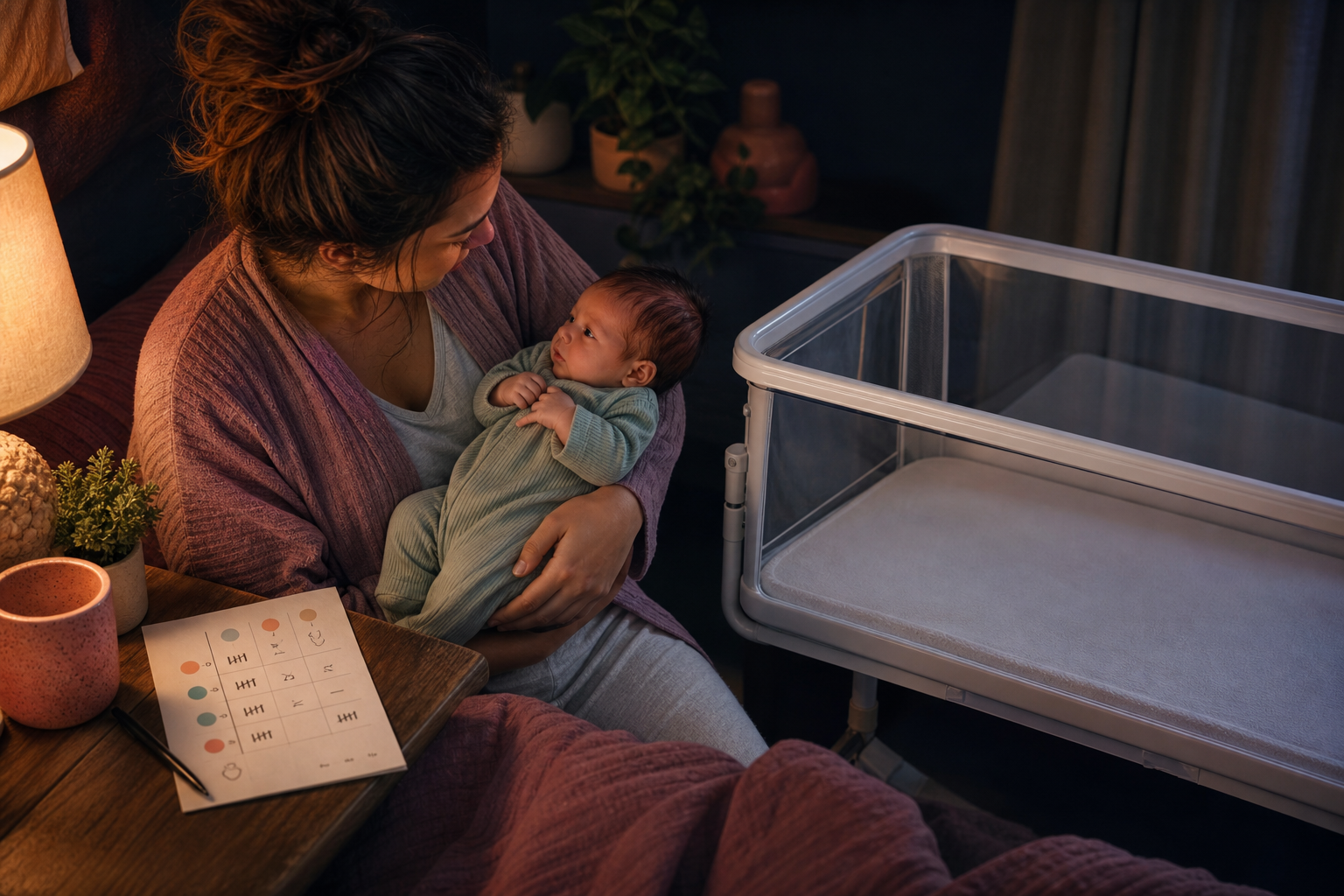 Alert two-week-old held beside a feed-and-diaper note and an empty bedside bassinet ready for sleep
