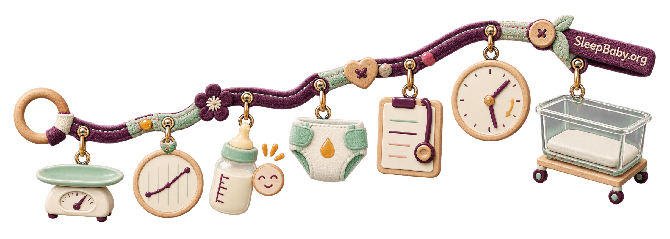 Mint and plum rail linking an infant scale, growth trend, feeding, wet diaper, clinician note, flexible clock and empty bassinet