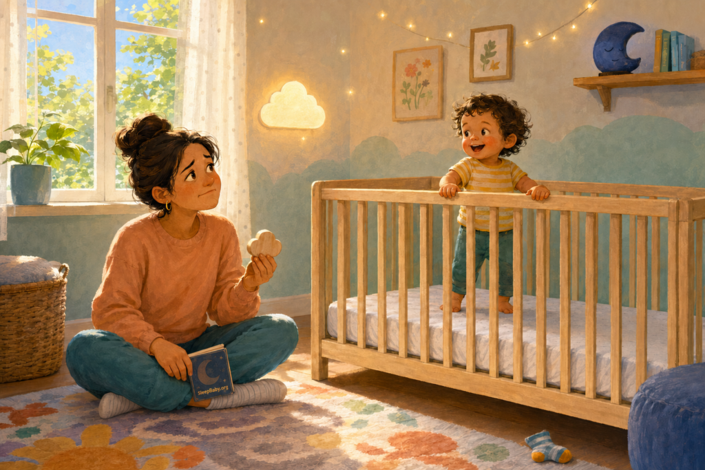 An awake smiling two-year-old stands in an empty low-mattress crib while a caregiver outside the crib holds a nap-cloud token and closed bedtime book.