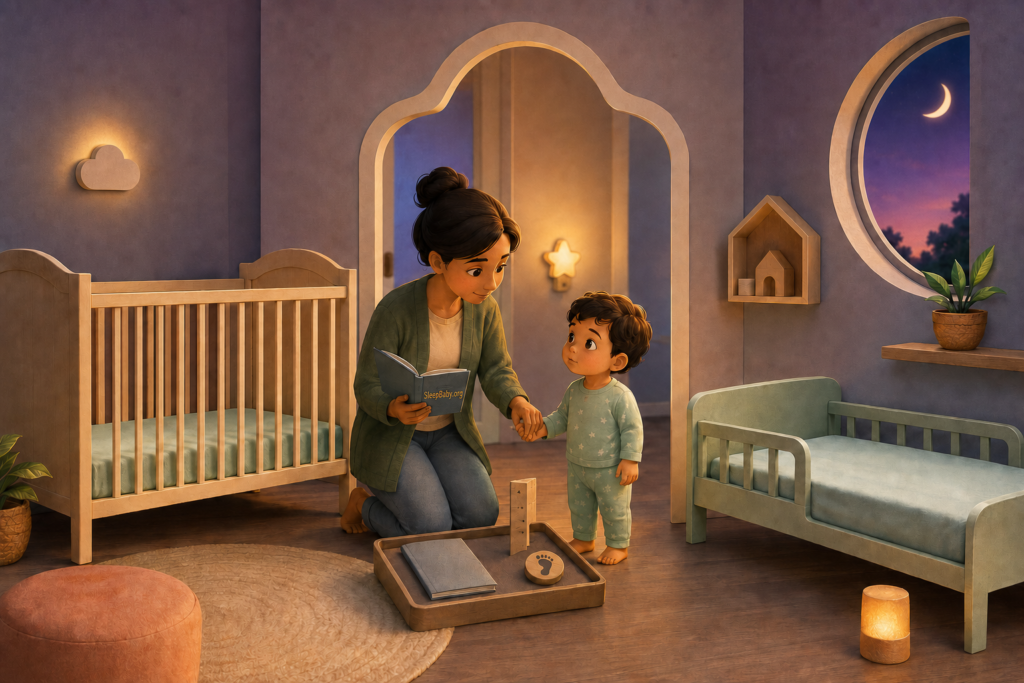 An awake two-year-old holds a caregiver’s hand between an empty wooden crib and a low toddler bed while the caregiver holds an open instruction booklet.