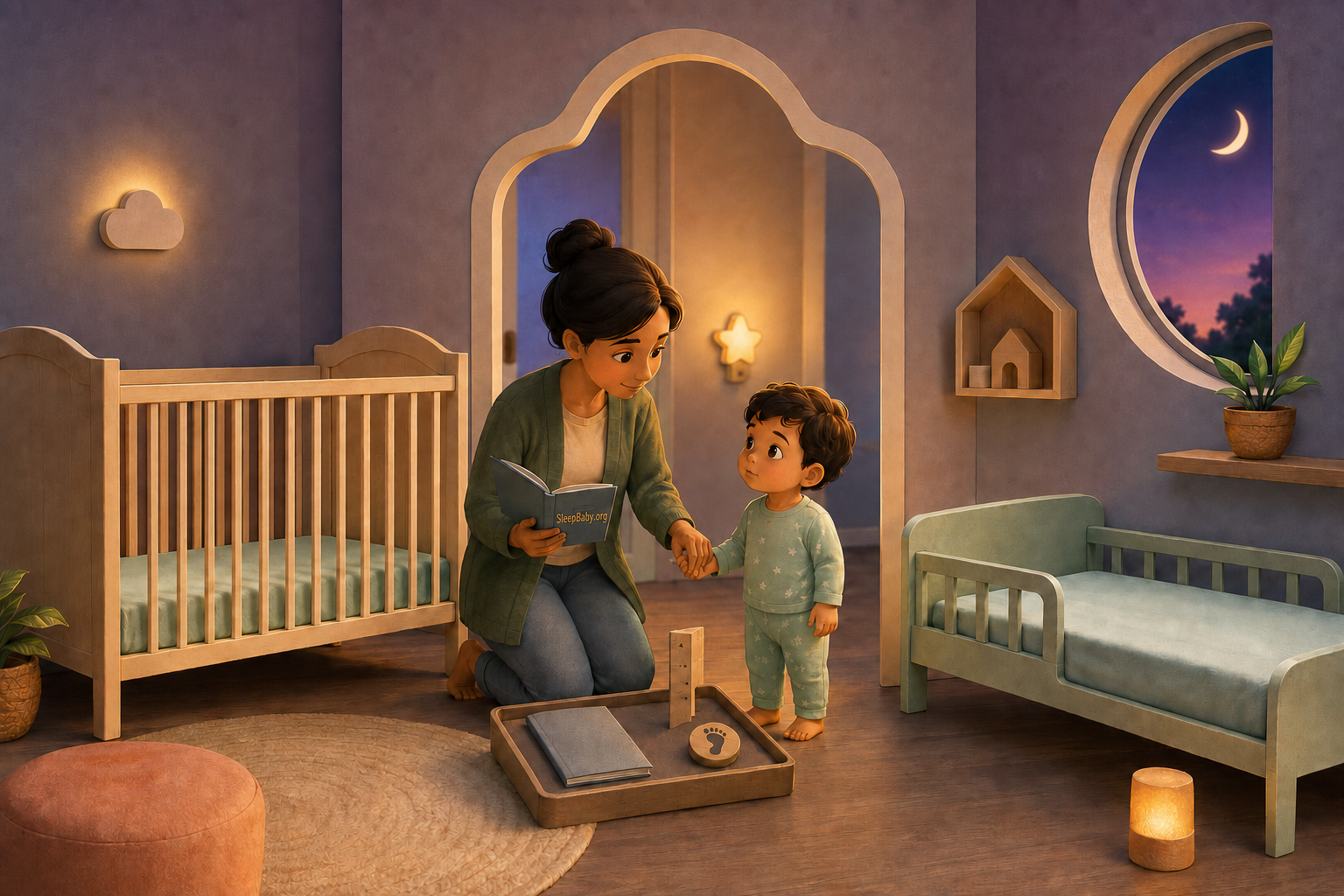 An awake two-year-old holds a caregiver’s hand between an empty wooden crib and a low toddler bed while the caregiver holds an open instruction booklet.