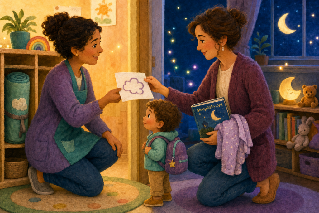 A daycare caregiver and parent exchange a simple nap-cloud note beside an awake two-year-old with a backpack while the parent holds a bedtime book and blanket.