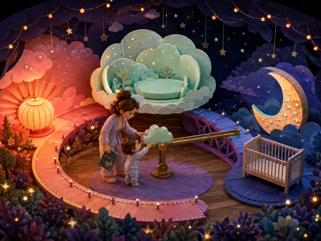 Layered paper theater shows a caregiver and two-year-old balancing a nap cloud between a warm daytime path and moonlit bedtime beside an empty crib.