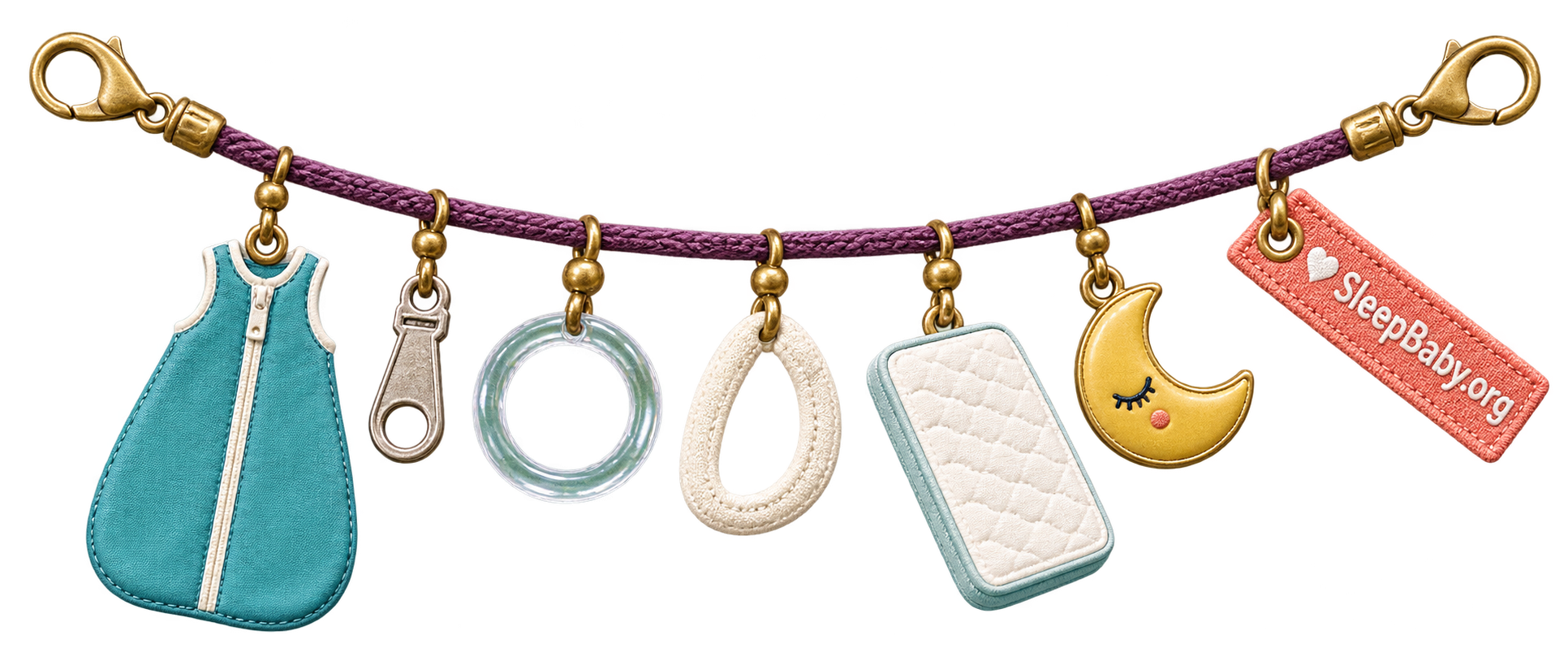 Unweighted sleep sack safety charms with fit openings, zipper, clear mattress, and moon