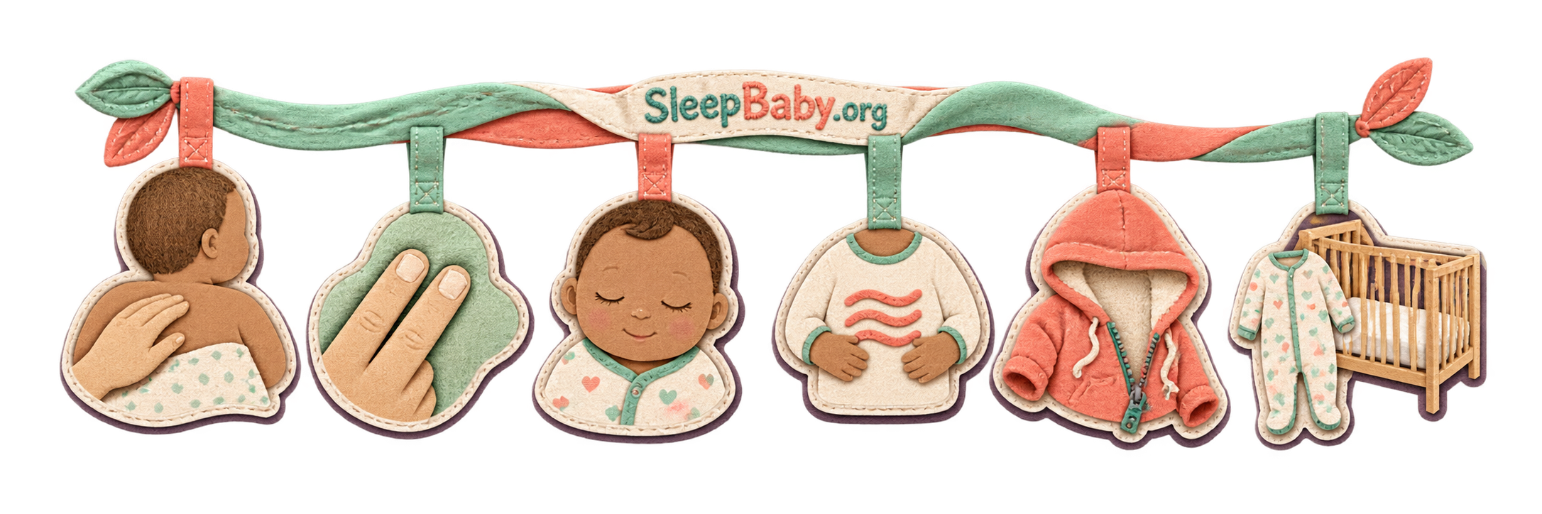 Transparent rail connects an upper-back check and calm baby cues to a removed hoodie and clear crib.