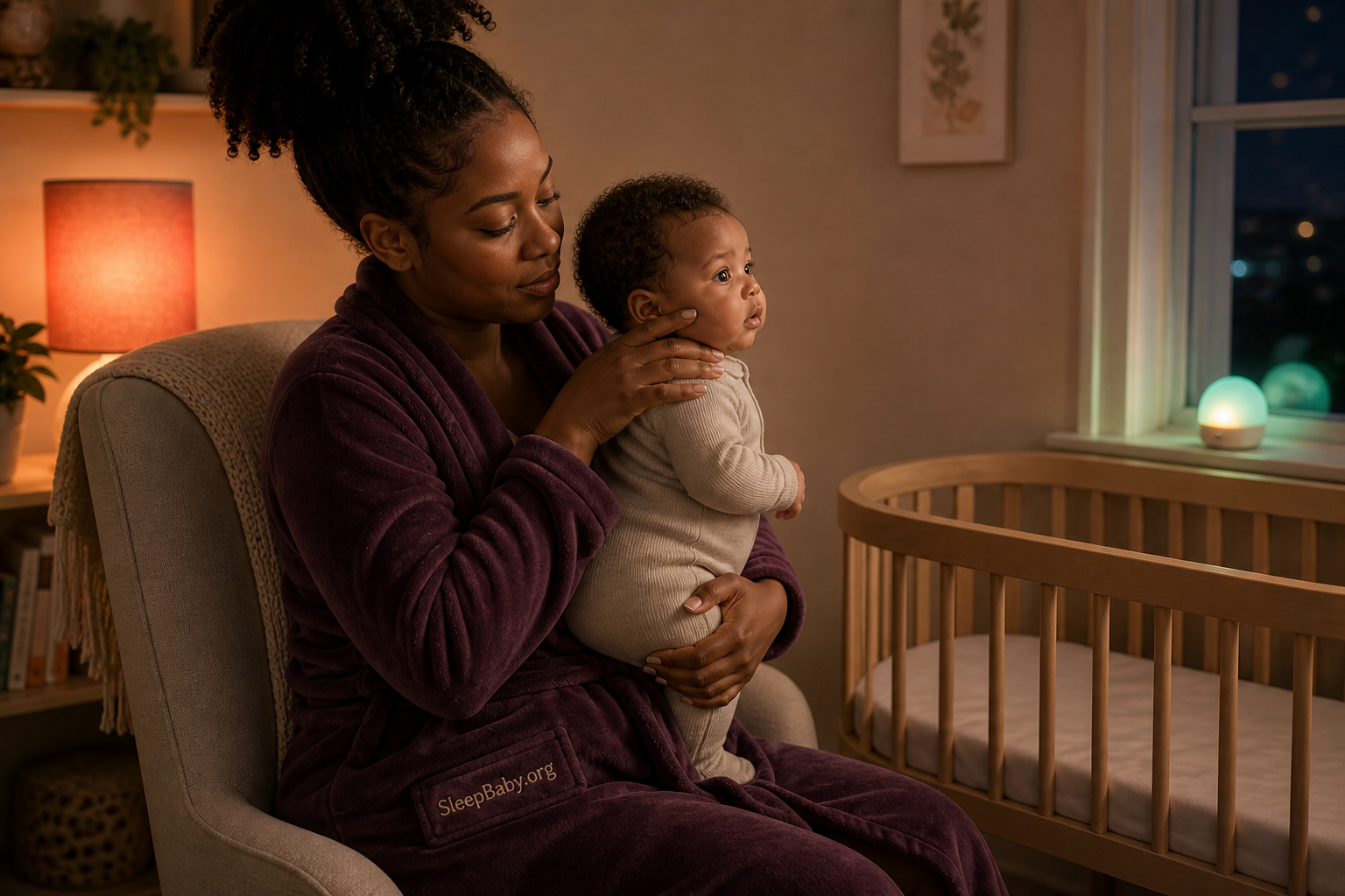 Mother supports her awake baby’s head, neck, and body upright beside an empty crib.