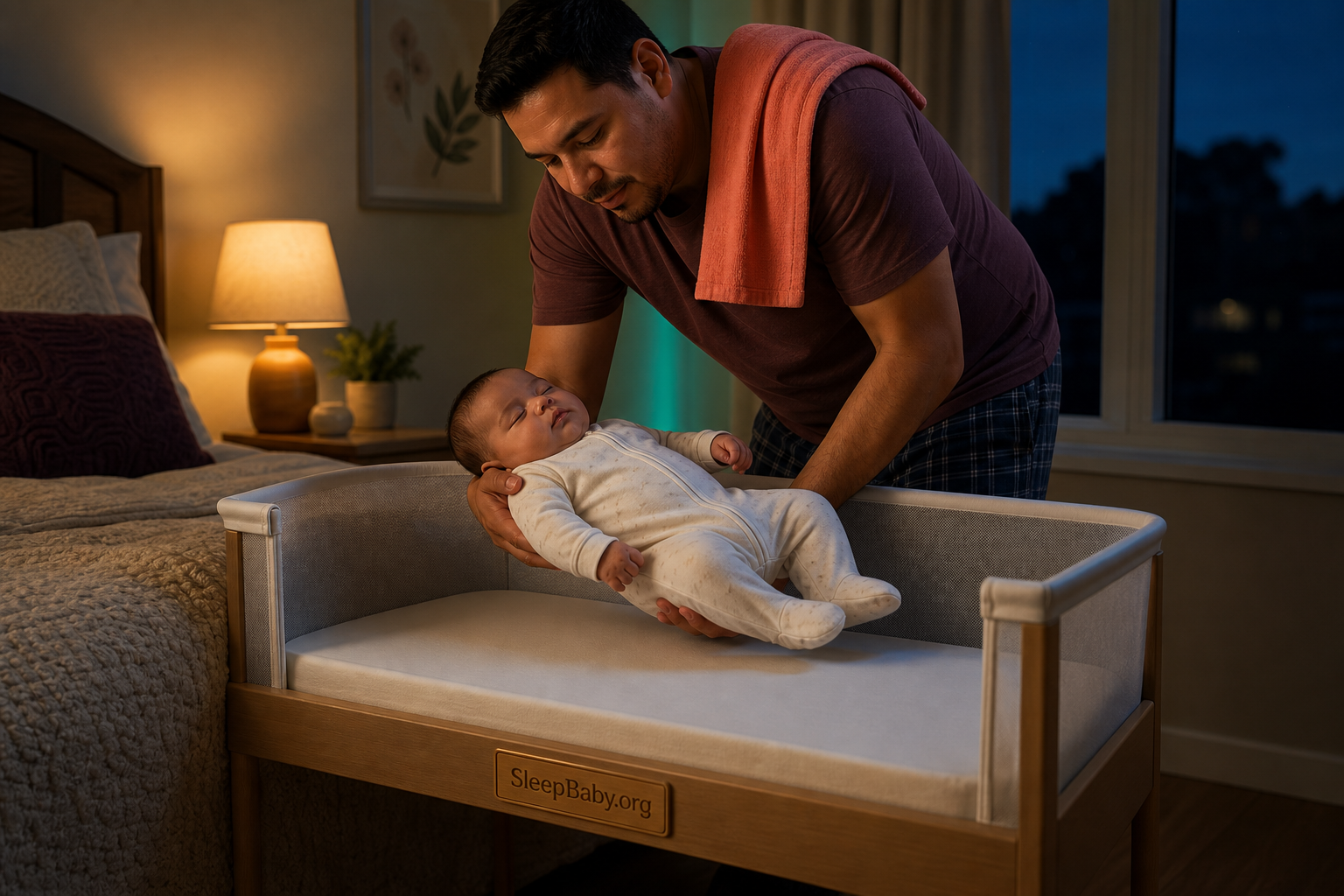 From Upright Pause to Flat-Back Sleep A father lowers a sleeping baby onto a firm flat bassinet after an upright pause.