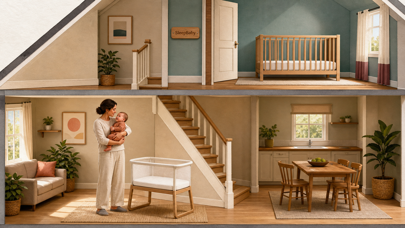 A parent holding an awake baby at the foot of a staircase while choosing between a clear same-floor bassinet and a bare upstairs crib.